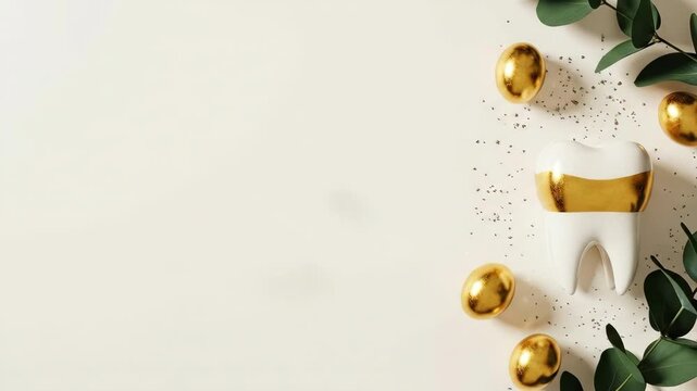 White tooth with gold crown next to golden easter eggs and green leaves on white background. Easter dental hygiene concept. Fun oral care symbolism for spring holiday