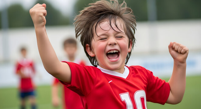 Child celebrating goal in soccer game with joy. Playful excitement happiness and passion for sport captured in energetic childhood moment on field scene.