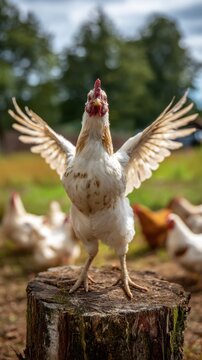 Chicken conductor stands on tree stump leading choir of farm birds in bright daylight