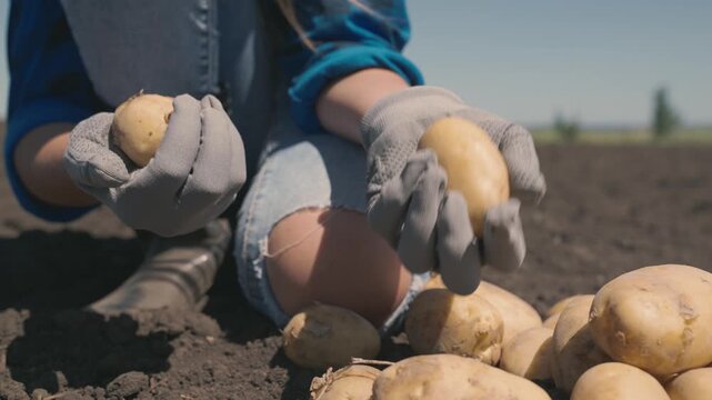 large young potatoes hand farmer close-up. agriculture concept. farming potato production field. harvesting healthy food vegetables. products nature. outdoor industry. fresh agricultural food product
