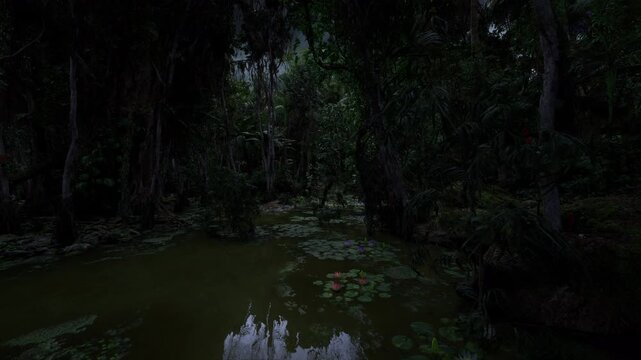 silvery lily pads floating on black water under moon with subtle reflections and scattered algae close framing emphasizes texture, petals and quiet nocturnal