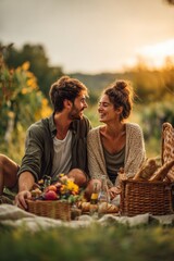 Naklejka premium Spring Summer outdoor leisure relaxation activity. A candid outdoor portrait of a man and a woman seated on a blanket in a vineyard during sunset. The man, on the left.