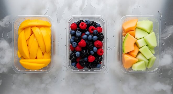 Freshly cut mango, mixed berries, and melon pieces neatly arranged in clear plastic containers, ready for a healthy and convenient snack.