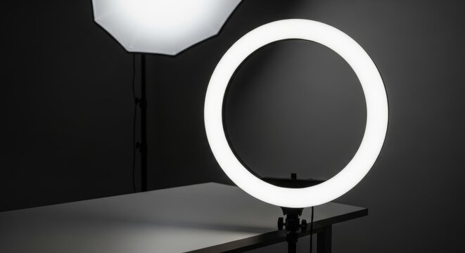 Professional photography studio setup with ring light and softbox