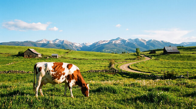 Brown and white cow grazes in a green pasture near rustic barns. A winding dirt road leads toward snowcapped mountains under a clear blue sky