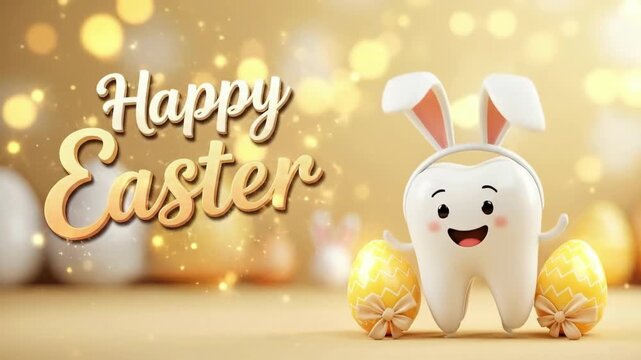 Smiling tooth bunny character holding easter eggs on warm background. Cute dental easter greeting with anthropomorphic tooth in bunny ears. Fun holiday illustration for spring celebrations and dental