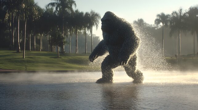 Mysterious ape-like creature walking through water with a misty, blurred background. The creature is covered in fur and leaves droplets of water in its path. 