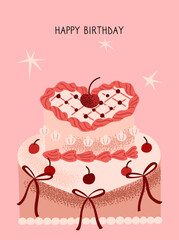 Obraz premium Sweet cake with cream, cherry and ribbon. Dessert for birthdays, anniversaries, and weddings. Greeting card. Vector illustration.