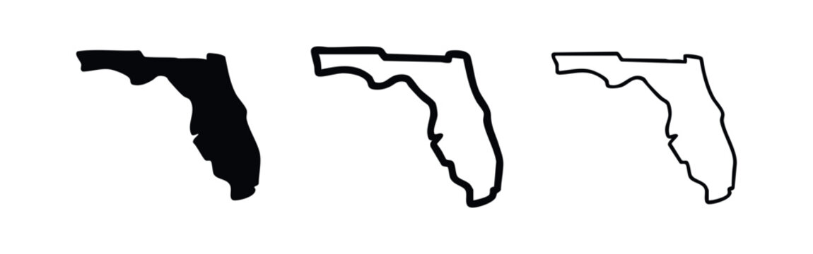 Florida State Map Icon Set. USA state maps in solid black, thick and thin outline styles isolated on white background.
