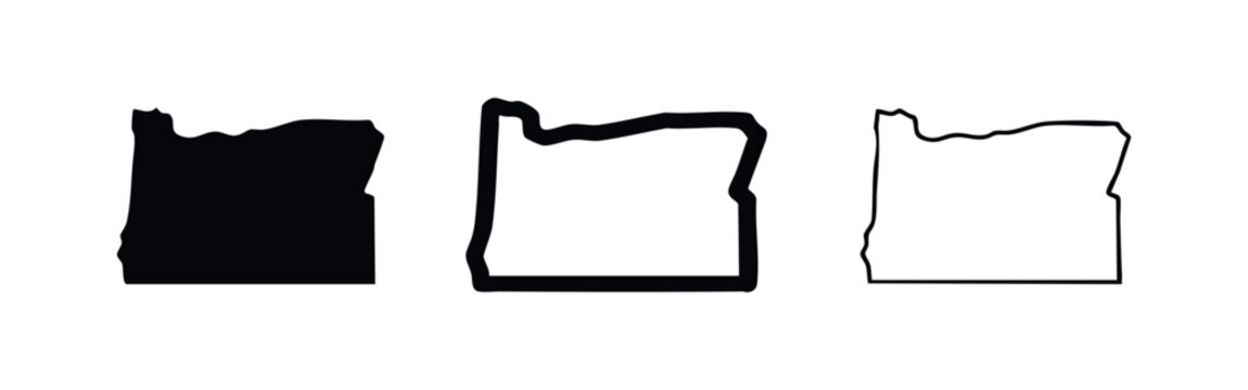 Oregon State Map Icon Set. USA state maps in solid black, thick and thin outline styles isolated on white background.