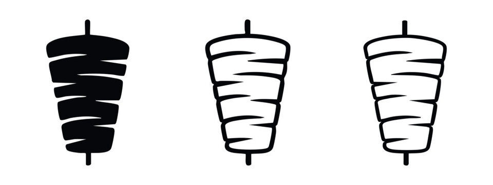 Doner Kebab Meat Skewer Icon Set. Shawarma and Gyro Food Symbol in Solid and Outline Styles.