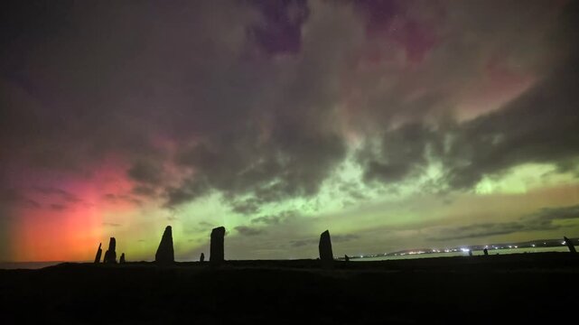  Northern lights over The Ring of Brodgar in Orkney in 4k
