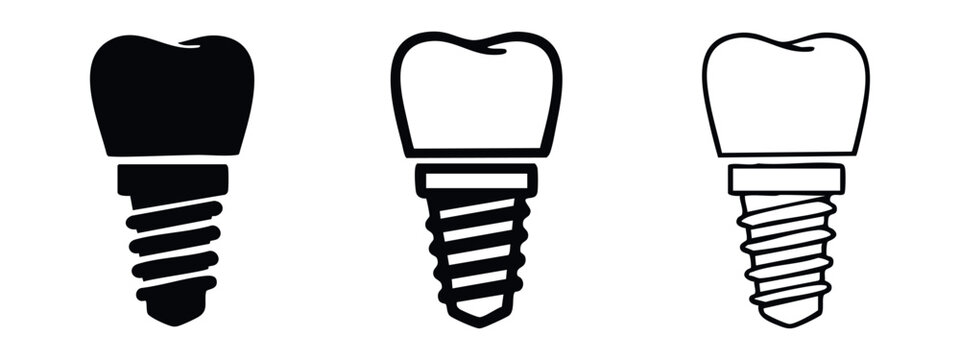 Dental Implant Icon Set. Tooth Replacement and Oral Surgery Symbol in Solid and Outline Styles.