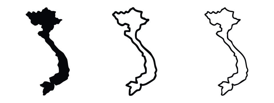 Vietnam Map Icon Set: Solid Silhouette, Bold Line, and Thin Line Outline for Geographic Representation
