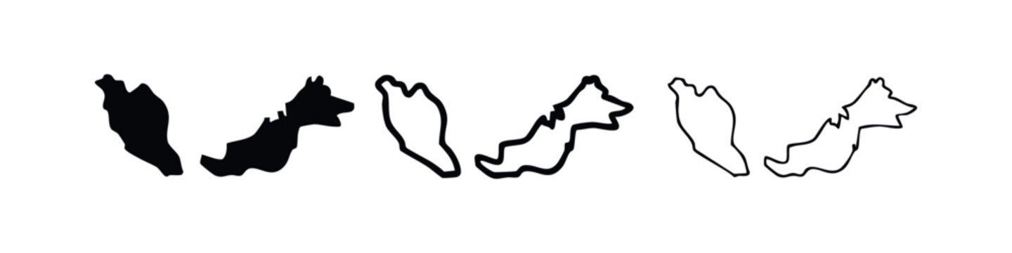 Malaysia Map Silhouette and Outline Vector Icon Set | Southeast Asian Archipelago Geography