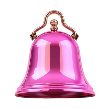 Bright pink bell hanging with a gold handle on a white background in an indoor setting