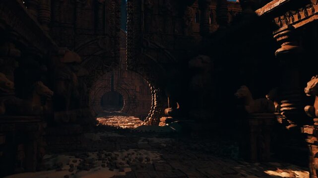 Shadowed circular archway bathed in warm light, ancient stones and scattered gold glinting on floor, carved columns and statues lining corridor, atmospheric
