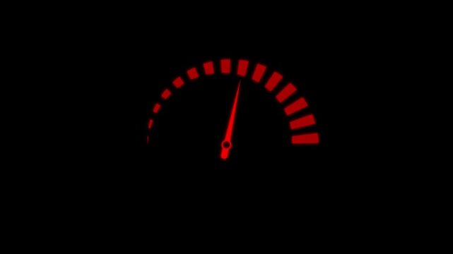 Red speedometer gauge on black background dial