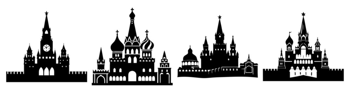 Moscow Kremlin silhouette vector illustration black and white historic Russian architecture landmarks cityscape night skyline