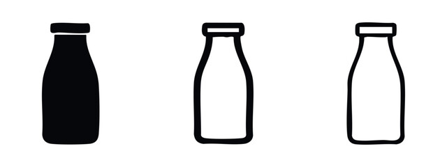 Simple Black Beverage Bottle Icon Set - Minimalist Drink Container Outline and Silhouette for Liquids and Packaging
