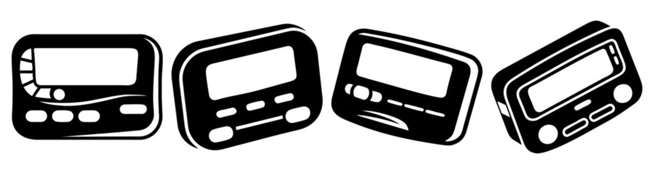 Set of four black retro pagers isolated on white background, vintage communication devices, flat design icons, minimalist technology illustration