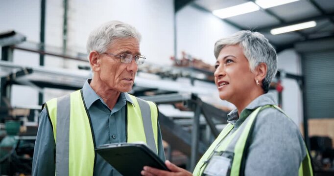 Machine, factory and mature people with tablet for inspection, meeting and quality assurance on web. Robotics facility, manager and planning for mechanical design, teamwork and discussion with tech