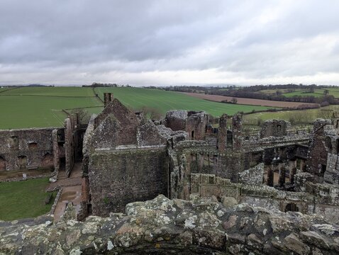 Raglan Castle ruins overlooking Monmouthshire countryside, South Wales