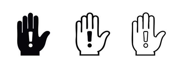 Obraz premium Warning Hand with Exclamation Mark Icons - Stop, Alert, and Danger Symbols Set