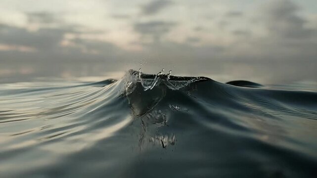 Ocean wave crashes on shore with foamy crest under cloudy sky at sunset