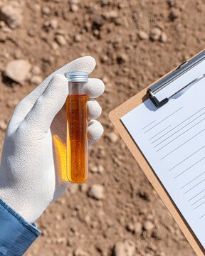 Engineer collects soil sample in a test tube for analysis in the field