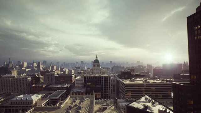 golden sunrise over urban skyline rooftops, photographer scouting rooftop at dawn, sunburst flare behind skyscraper, warm light reflecting on glass facades,