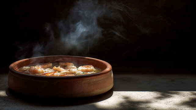 A low-perspective minimalist shot of sizzling Gambas al Ajillo (garlic shrimp) in a traditional clay cazuela with steam rising against a dark, atmospheric background.