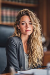 Fototapeta premium Female diversity. Human rights, equal opportunity concept. A portrait of a woman seated at a desk in an office. She has long, wavy blonde hair and freckles on her face.