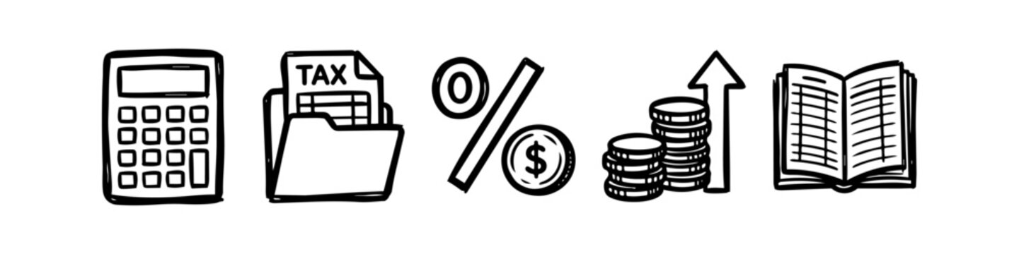 Set of hand-drawn finance icons including a calculator, tax folder, percentage sign, coin stacks with growth arrow, and a ledger. Doodle style business banner for accounting and financial concepts.
