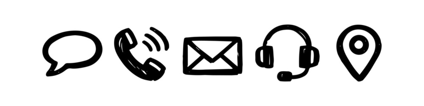 Hand-drawn black ink contact icons set for web and business. Includes speech bubble, telephone, envelope, headset, and location pin symbols in a minimal doodle style on a white background.