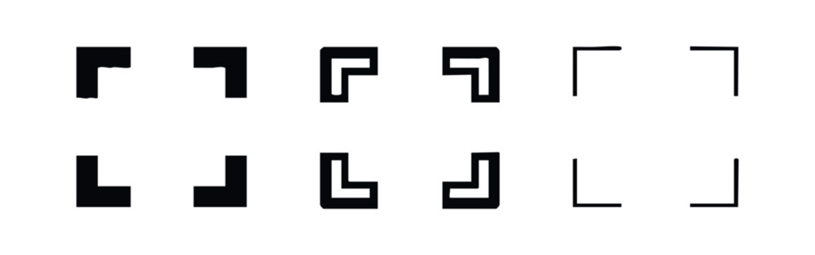 Graphic corner icon set. L-shape crop marks, framing, and design elements for UI/UX applications.