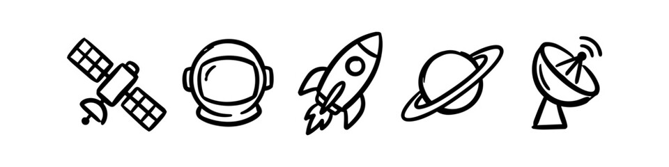 Set of hand-drawn space exploration icons featuring a satellite, astronaut helmet, rocket, planet, and radar dish. Minimalist black line art on a white background for creative designs. © Nort Kor