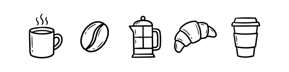 Obraz premium Set of hand-drawn coffee-themed icons including a steaming mug, coffee bean, French press, croissant, and a takeaway cup. Ideal for cafe menus, bakery branding, and minimalist morning designs.