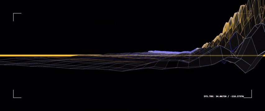 Advanced 3D terrain scan using amber lidar laser. Detects geopolitical anomalies and digital hotspots on a procedural topography map. Native Alpha Channel included. Optimized for 21:9 display.