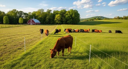 Naklejka premium Herd of cows grazing on a lush green pasture with a red barn in the background. Rural landscape with livestock for agriculture and farming theme