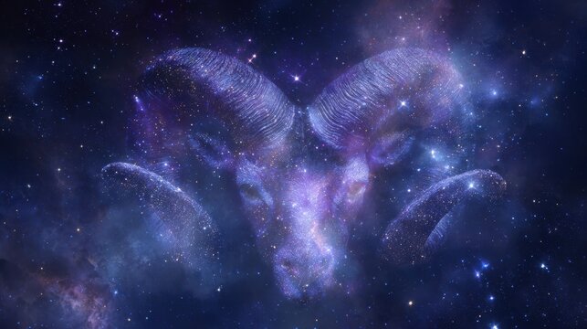 Space universe exploration, fantasy. A vivid depiction of a cosmic scene features a rams head in the foreground. The rams horns are intricately detailed with a gradient of purple and blue hues.