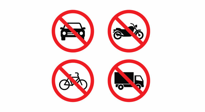 No Vehicles Prohibited Sign Icon Set with Car, Motorcycle, Bicycle and Truck Isolated on White