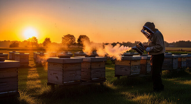 A peaceful beekeeper in a protective suit, concentrating on fumigating the hives with smoke against the background of a golden sunset in the field