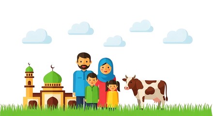 Naklejka premium Muslim family, mosque, cow, green grass, cartoon illustration, flat design, vector graphics