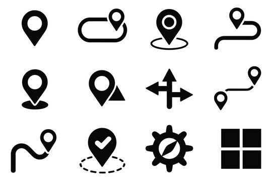 Navigation icon badge set, pin, map, checkpoint, point, branching, waypoint, vector illustration for maps