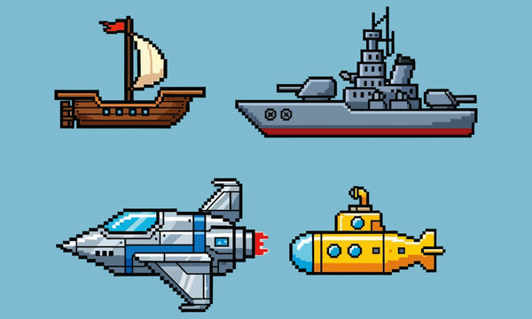 Four pixel art vehicles sail fly and dive across the screen
