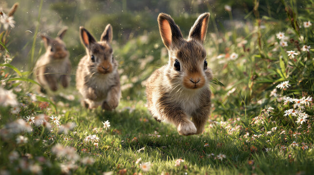 Cute rabbits playing and running in spring meadow warm sunlight dreamy nature Easter concept background