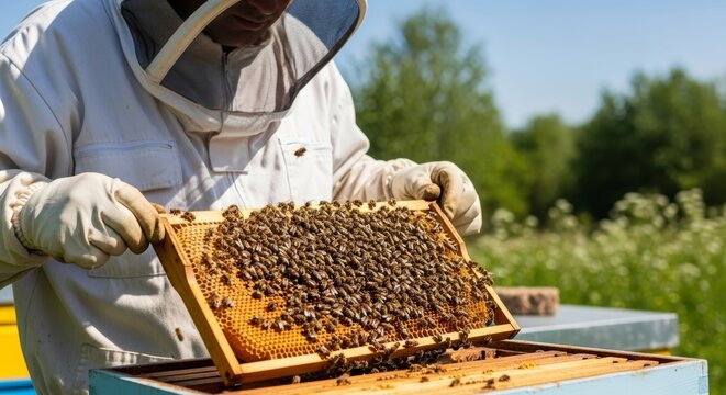 Beeman holding beehive frame covered with many honey bees. Professional apiarist working with bee colony for honey production and pollination.