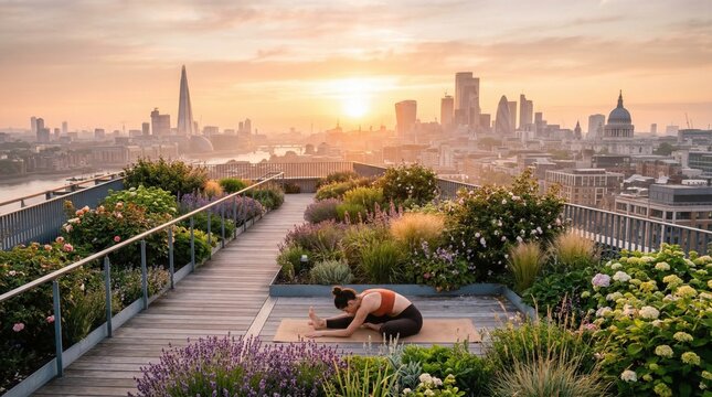 Woman doing yoga on a rooftop garden overlooking a city skyline at sunset. A perfect combination of wellness, urban scenery, and natural beauty