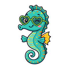 Obraz premium Cute cartoon seahorse wearing heart-shaped sunglasses, whimsical underwater ocean creature illustration, vibrant sea life character design